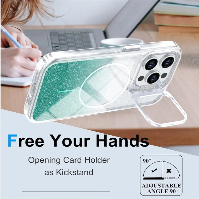 For iPhone 13 Pro Magnetic Case Gradient Glitter Shockproof TPU PC Phone Cover Compatible with MagSafe - Lake Green - 4