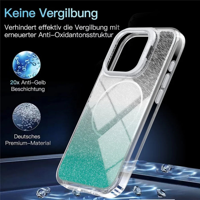 For iPhone 13 Pro Magnetic Case Gradient Glitter Shockproof TPU PC Phone Cover Compatible with MagSafe - Lake Green - 7