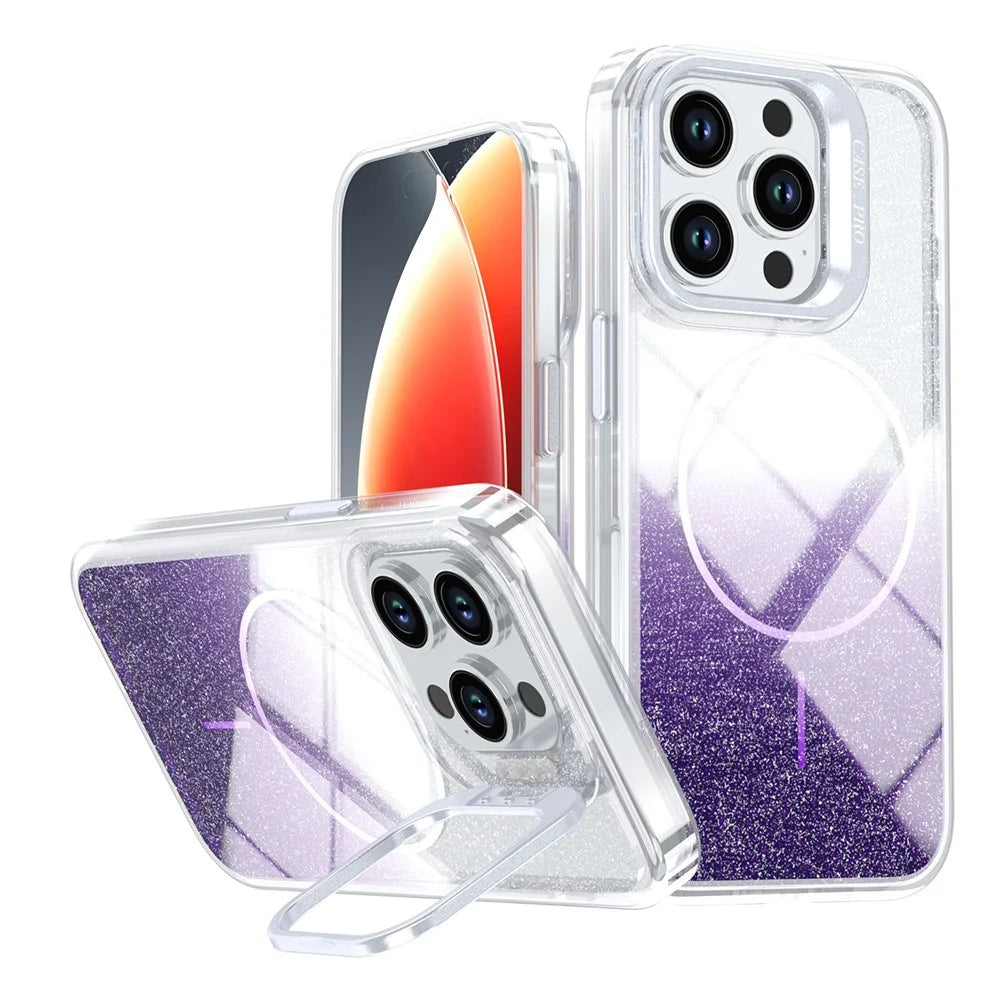 For iPhone 13 Pro Max Magnetic Case Gradient Glitter Shockproof TPU PC Phone Cover Compatible with MagSafe - Purple - 1