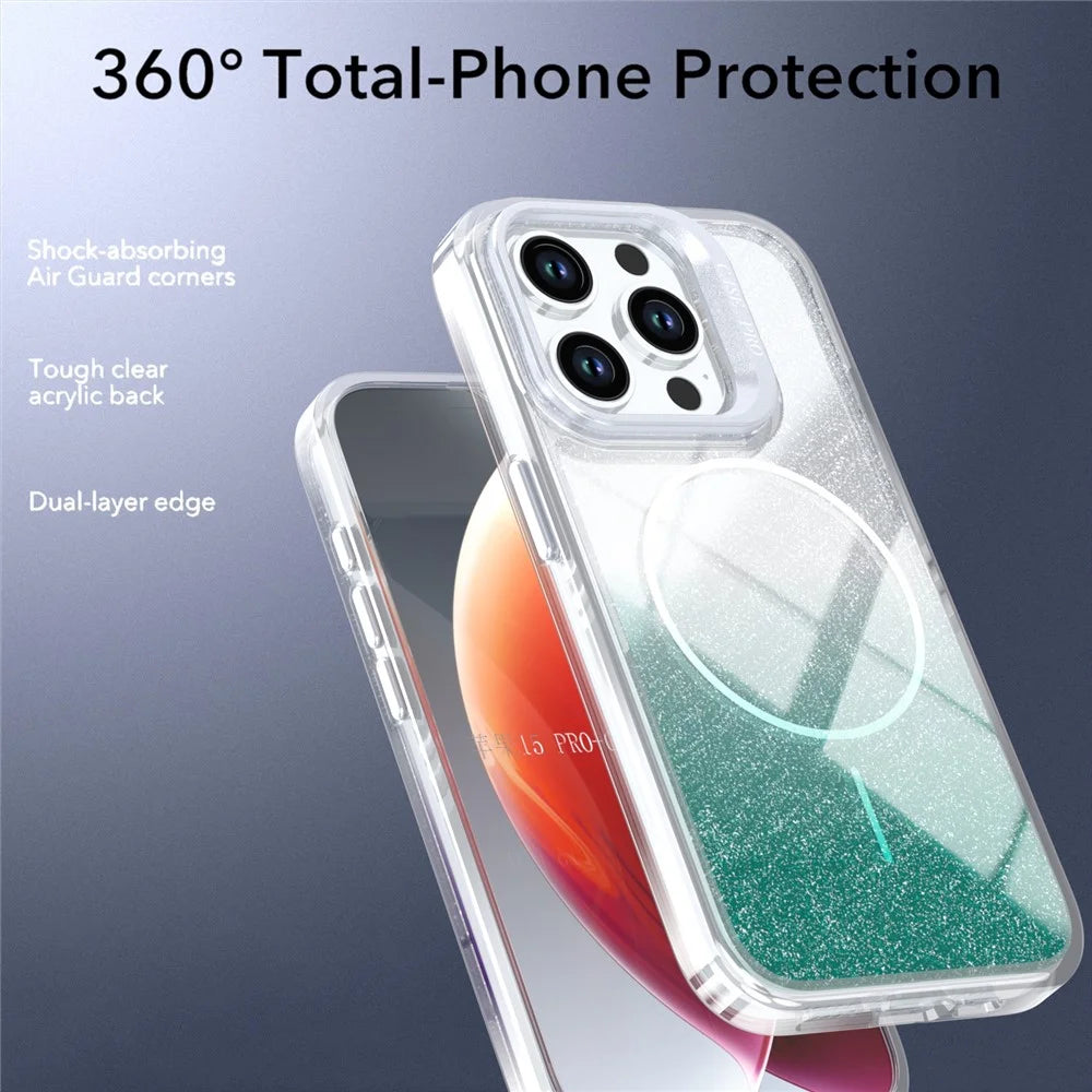 For iPhone 14 Pro Max Magnetic Case Gradient Glitter Shockproof TPU PC Phone Cover Compatible with MagSafe - Lake Green - 5