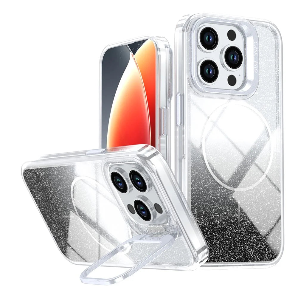 For iPhone 15 Pro Magnetic Case Gradient Glitter Shockproof TPU PC Phone Cover Compatible with MagSafe - Black - 1