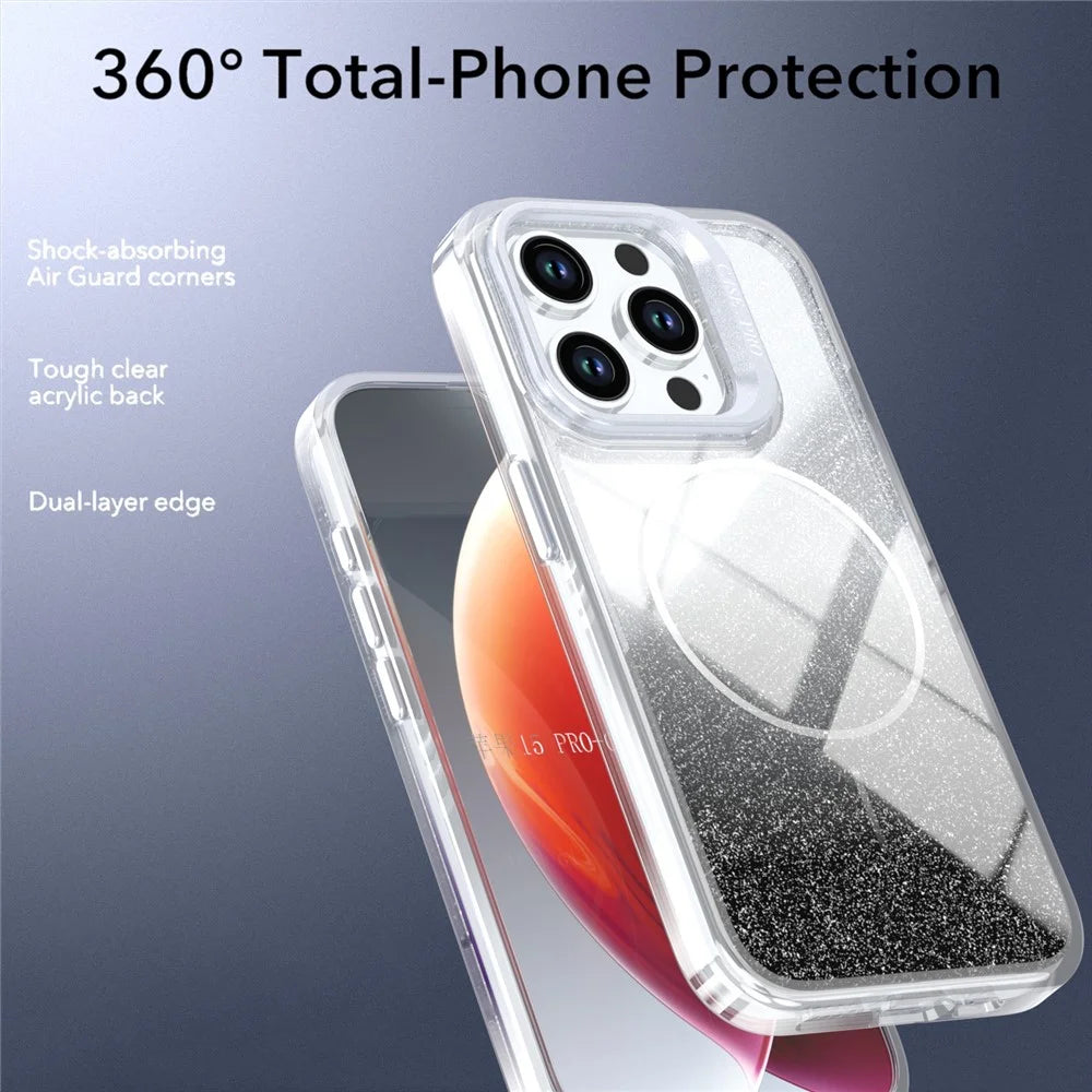 For iPhone 15 Pro Magnetic Case Gradient Glitter Shockproof TPU PC Phone Cover Compatible with MagSafe - Black - 5
