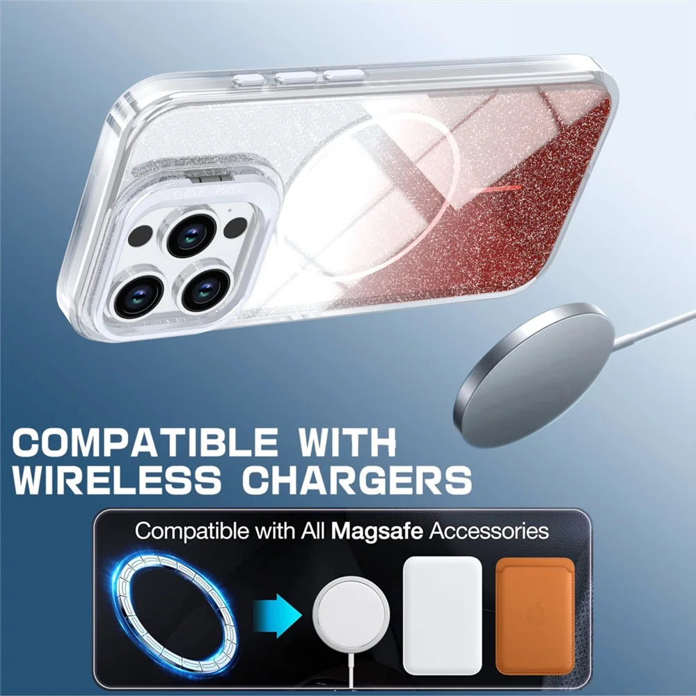 For iPhone 15 Pro Max Magnetic Case Gradient Glitter Shockproof TPU PC Phone Cover Compatible with MagSafe - Orange - 3
