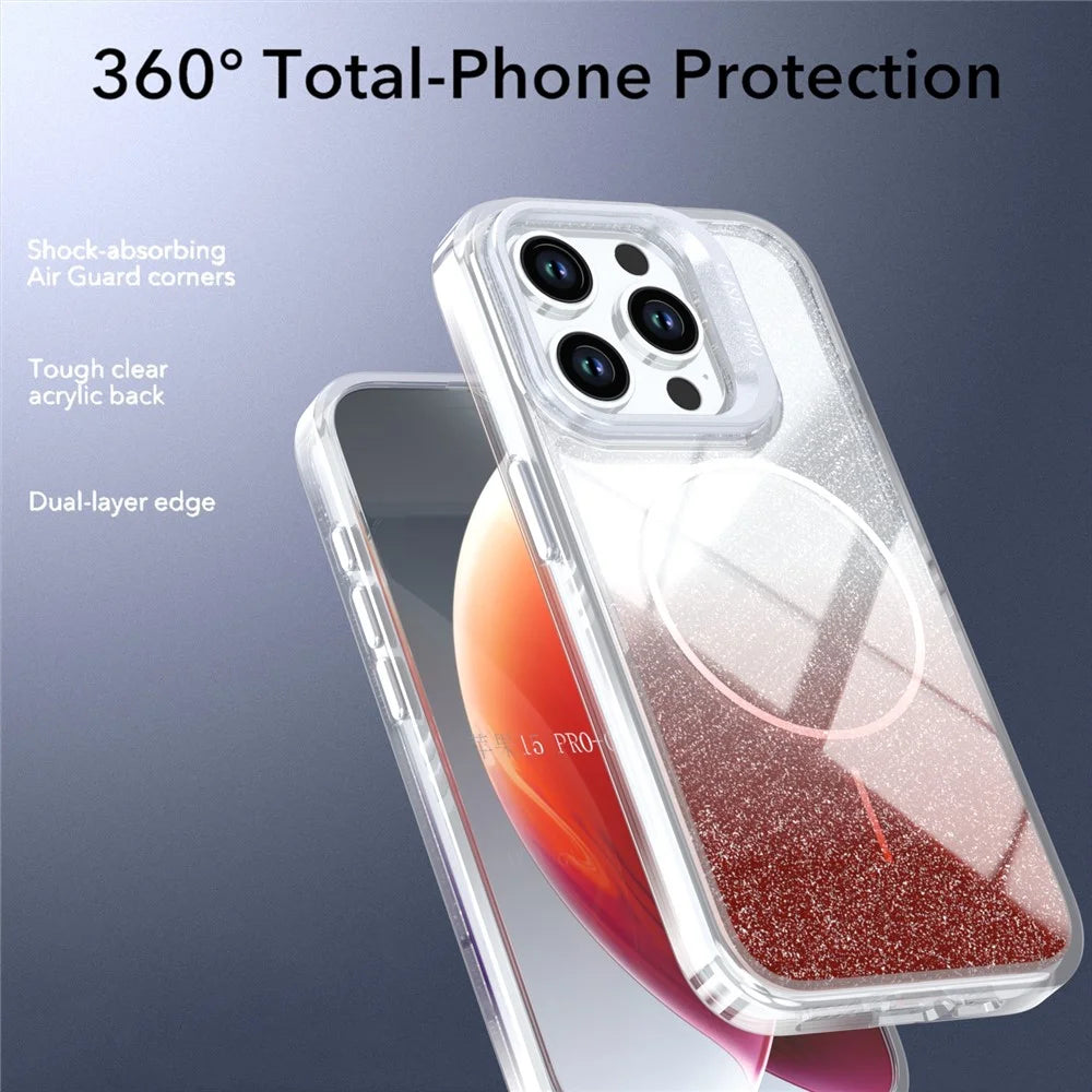 For iPhone 15 Pro Max Magnetic Case Gradient Glitter Shockproof TPU PC Phone Cover Compatible with MagSafe - Orange - 5