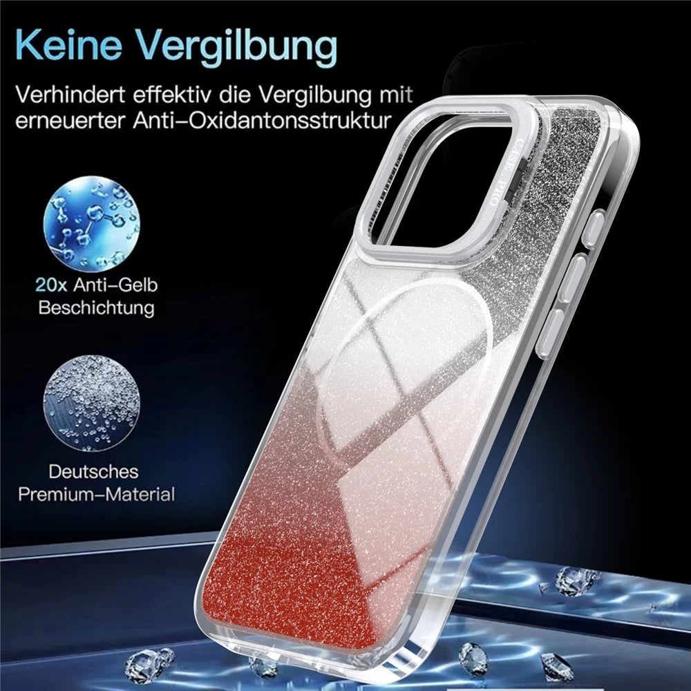 For iPhone 15 Pro Max Magnetic Case Gradient Glitter Shockproof TPU PC Phone Cover Compatible with MagSafe - Orange - 7