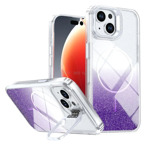 For iPhone 15 Magnetic Case Gradient Glitter Shockproof TPU PC Phone Cover Compatible with MagSafe - Purple - 1