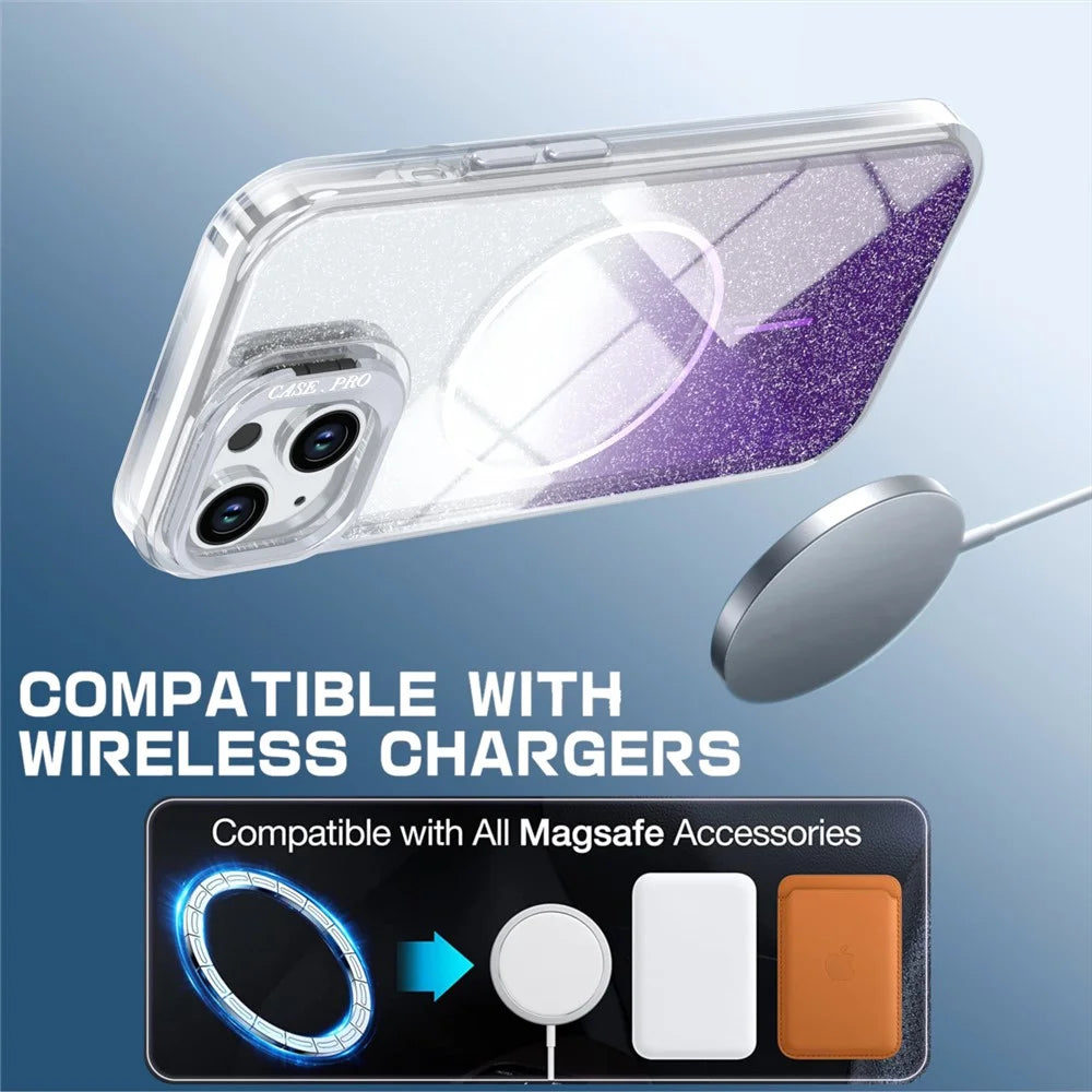 For iPhone 15 Magnetic Case Gradient Glitter Shockproof TPU PC Phone Cover Compatible with MagSafe - Purple - 3
