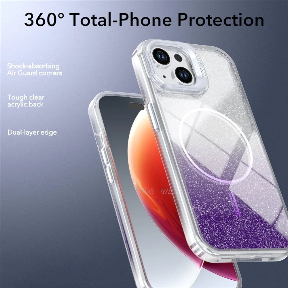 For iPhone 15 Magnetic Case Gradient Glitter Shockproof TPU PC Phone Cover Compatible with MagSafe - Purple - 5