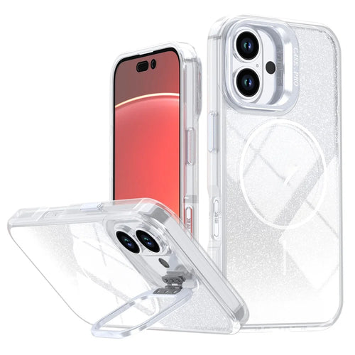 For iPhone 16 Magnetic Case Gradient Glitter Shockproof TPU PC Phone Cover Compatible with MagSafe - White - 1