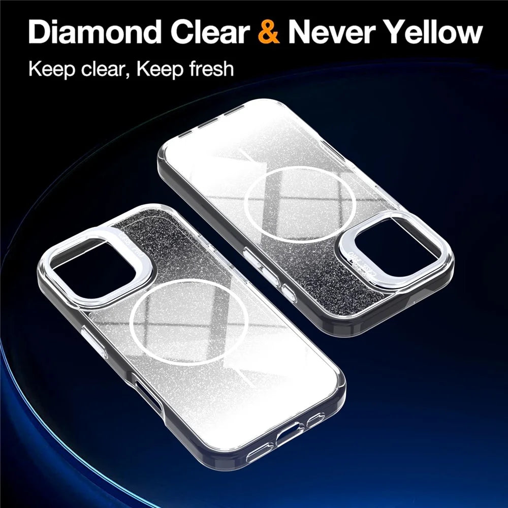 For iPhone 16 Magnetic Case Gradient Glitter Shockproof TPU PC Phone Cover Compatible with MagSafe - White - 2
