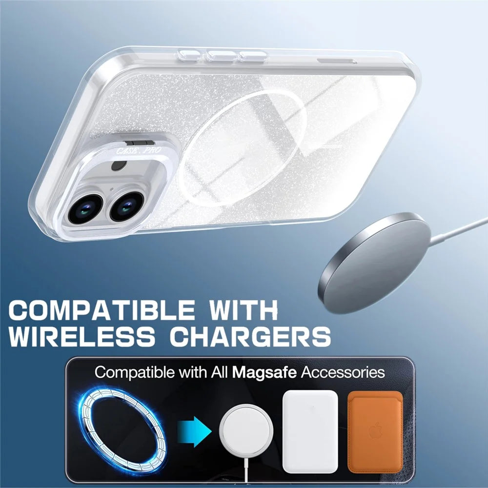 For iPhone 16 Magnetic Case Gradient Glitter Shockproof TPU PC Phone Cover Compatible with MagSafe - White - 3