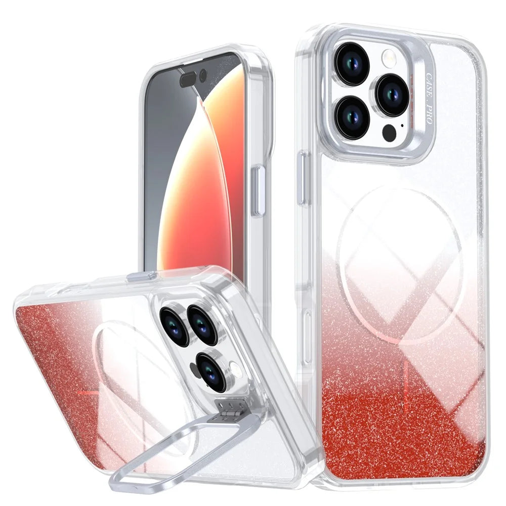 For iPhone 16 Pro Magnetic Case Gradient Glitter Shockproof TPU PC Phone Cover Compatible with MagSafe - Orange - 1