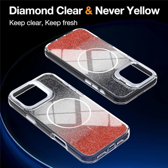 For iPhone 16 Pro Magnetic Case Gradient Glitter Shockproof TPU PC Phone Cover Compatible with MagSafe - Orange - 2
