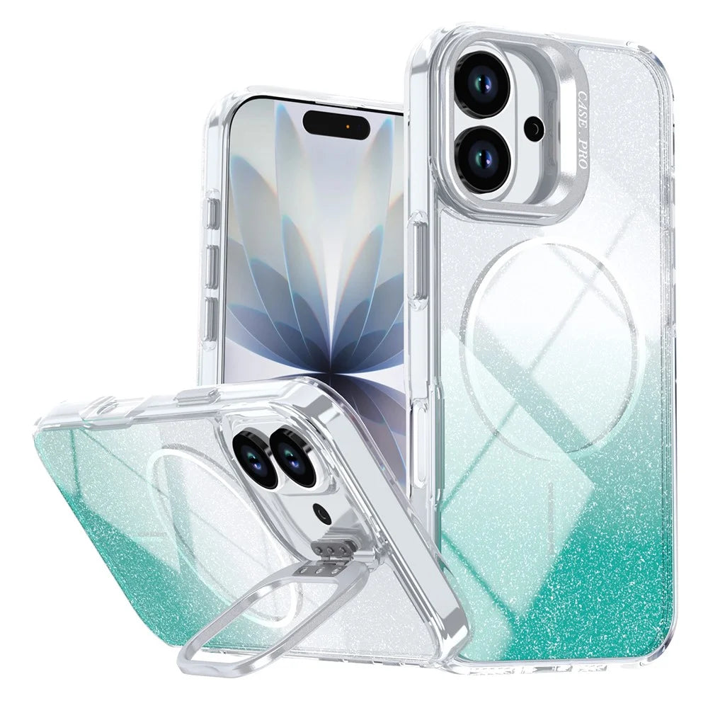 For iPhone 17 Magnetic Case Gradient Glitter Shockproof TPU PC Phone Cover Compatible with MagSafe - Lake Green - 1