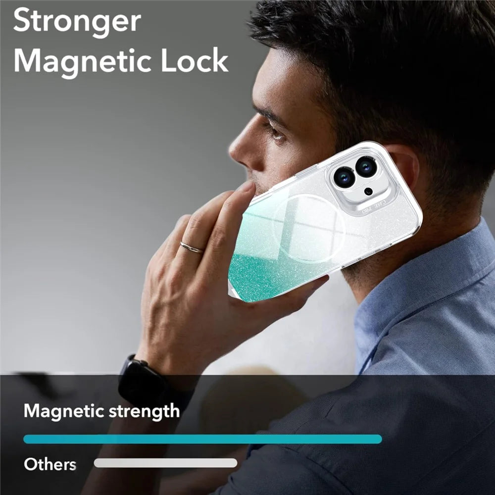 For iPhone 17 Magnetic Case Gradient Glitter Shockproof TPU PC Phone Cover Compatible with MagSafe - Lake Green - 6