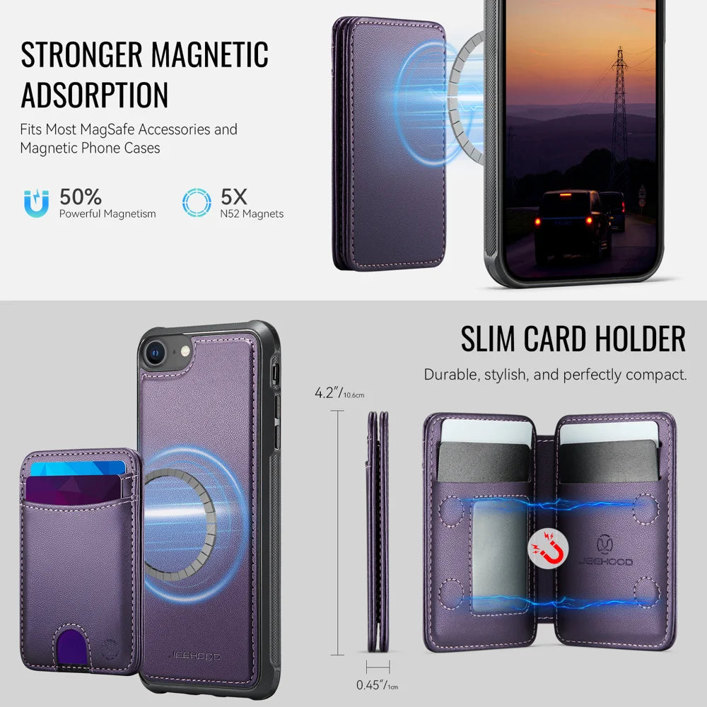 JEEHOOD For iPhone 8 4.7 inch / iPhone SE (2020) / iPhone SE (2022) / iPhone 7 4.7 inch Magnetic Case  J10 Leather Back Phone Cover with Detachable Card Holder Kickstand - Purple - 6