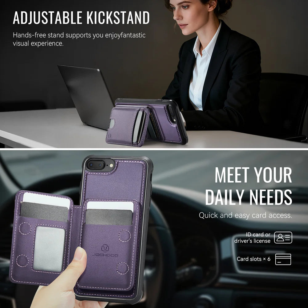 JEEHOOD For iPhone 8 Plus 5.5 inch / iPhone 7 Plus 5.5 inch Magnetic Case  J10 Leather Back Phone Cover with Detachable Card Holder Kickstand - Purple - 5