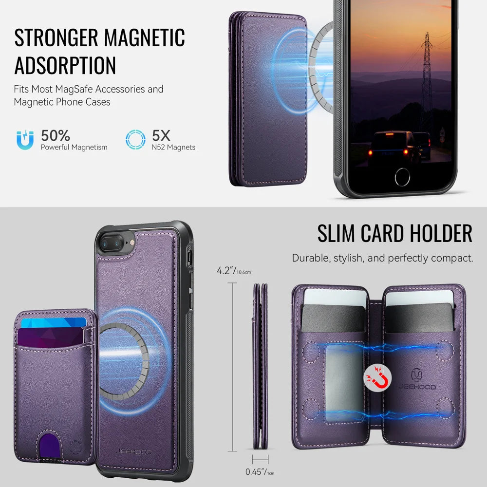 JEEHOOD For iPhone 8 Plus 5.5 inch / iPhone 7 Plus 5.5 inch Magnetic Case  J10 Leather Back Phone Cover with Detachable Card Holder Kickstand - Purple - 6