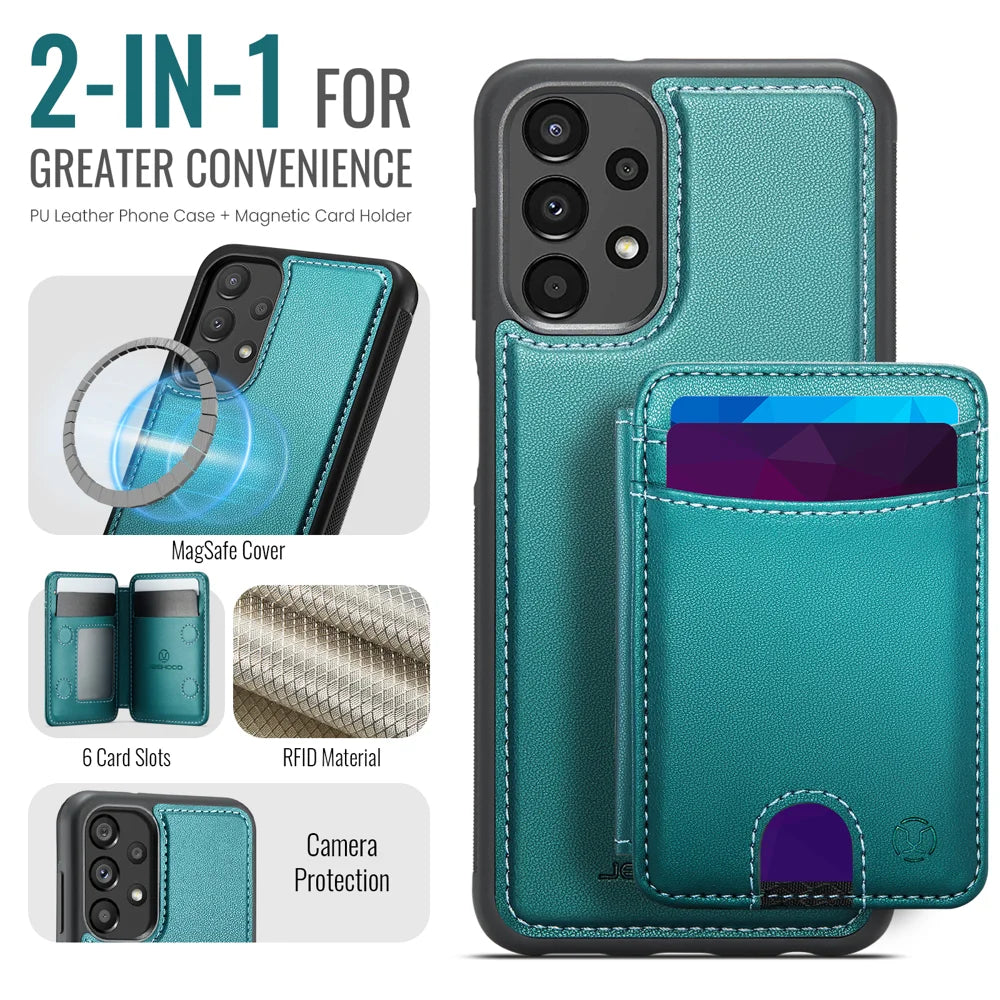 JEEHOOD For Samsung Galaxy A23 5G (Global) / Galaxy A23 4G Magnetic Case  J10 Leather Back Phone Cover with Detachable Card Holder Kickstand - Blue - 2