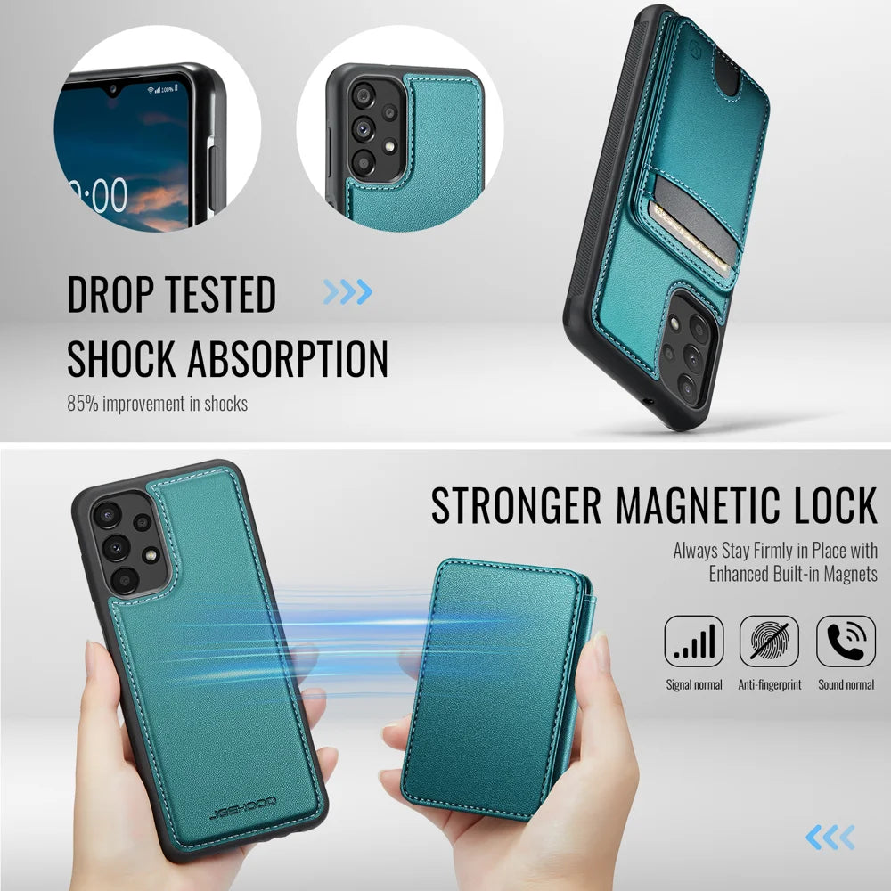 JEEHOOD For Samsung Galaxy A23 5G (Global) / Galaxy A23 4G Magnetic Case  J10 Leather Back Phone Cover with Detachable Card Holder Kickstand - Blue - 3