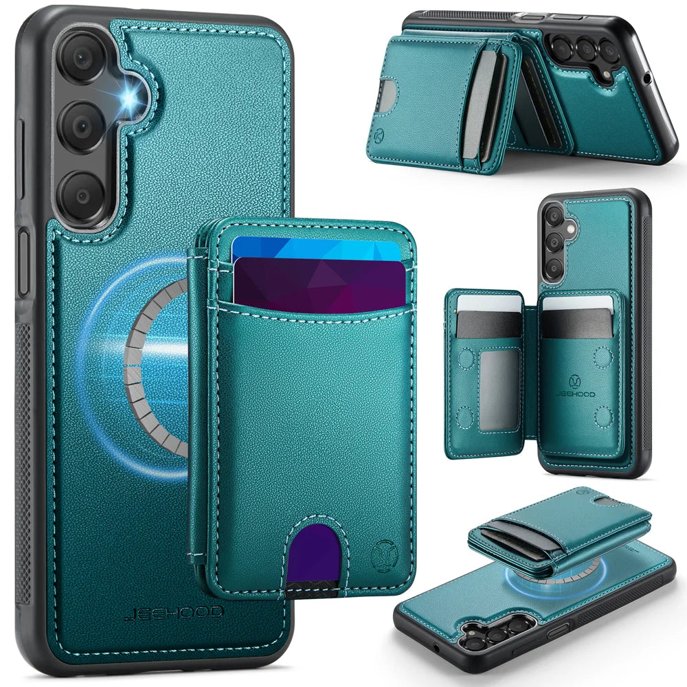 JEEHOOD For Samsung Galaxy A18 5G / A18 4G / A17 5G / A17 4G Magnetic Case  J10 Leather Back Phone Cover with Detachable Card Holder Kickstand - Blue - 1