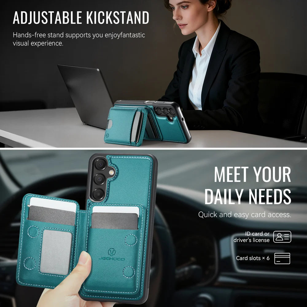 JEEHOOD For Samsung Galaxy A18 5G / A18 4G / A17 5G / A17 4G Magnetic Case  J10 Leather Back Phone Cover with Detachable Card Holder Kickstand - Blue - 5
