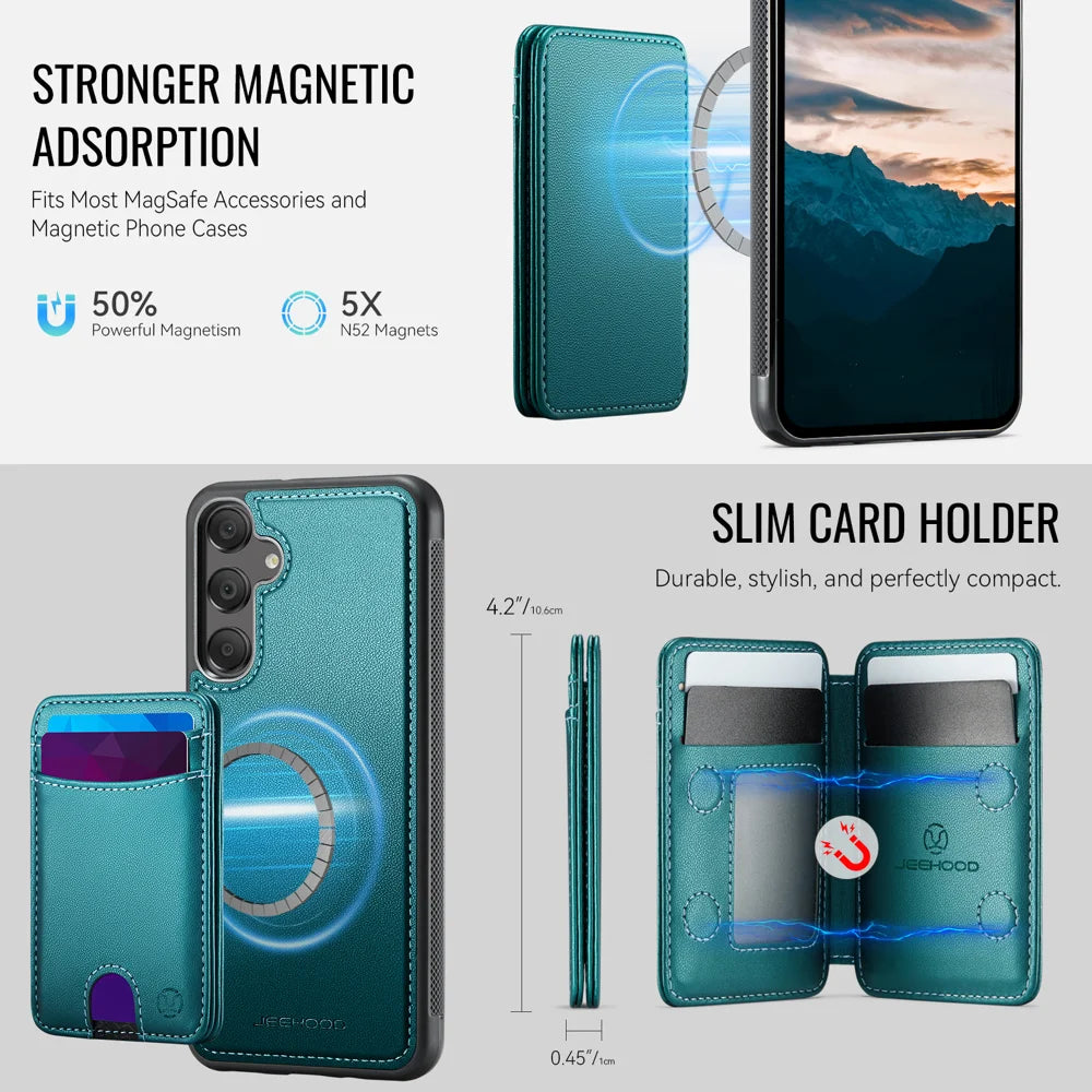 JEEHOOD For Samsung Galaxy A18 5G / A18 4G / A17 5G / A17 4G Magnetic Case  J10 Leather Back Phone Cover with Detachable Card Holder Kickstand - Blue - 6