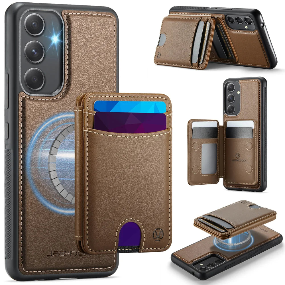 JEEHOOD For Samsung Galaxy A54 5G Magnetic Case  J10 Leather Back Phone Cover with Detachable Card Holder Kickstand - Brown - 1