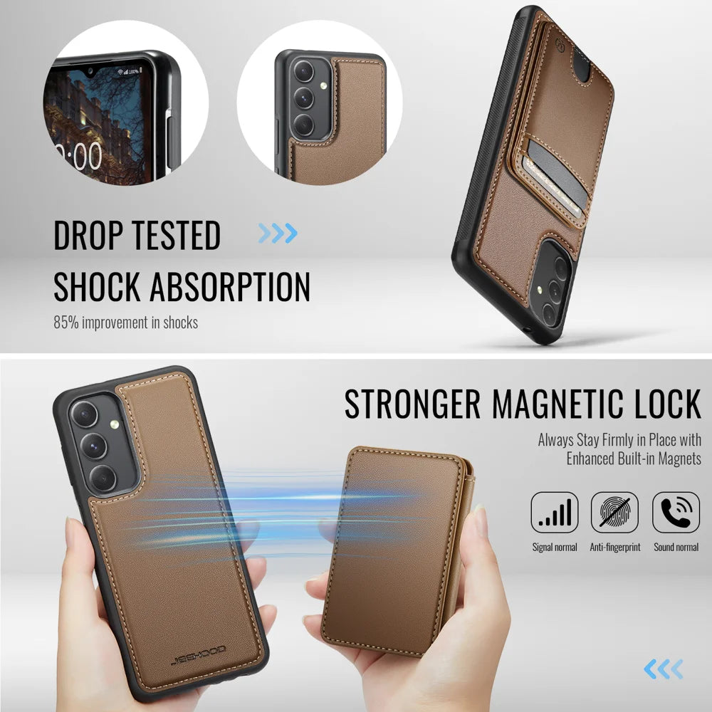 JEEHOOD For Samsung Galaxy A54 5G Magnetic Case  J10 Leather Back Phone Cover with Detachable Card Holder Kickstand - Brown - 3