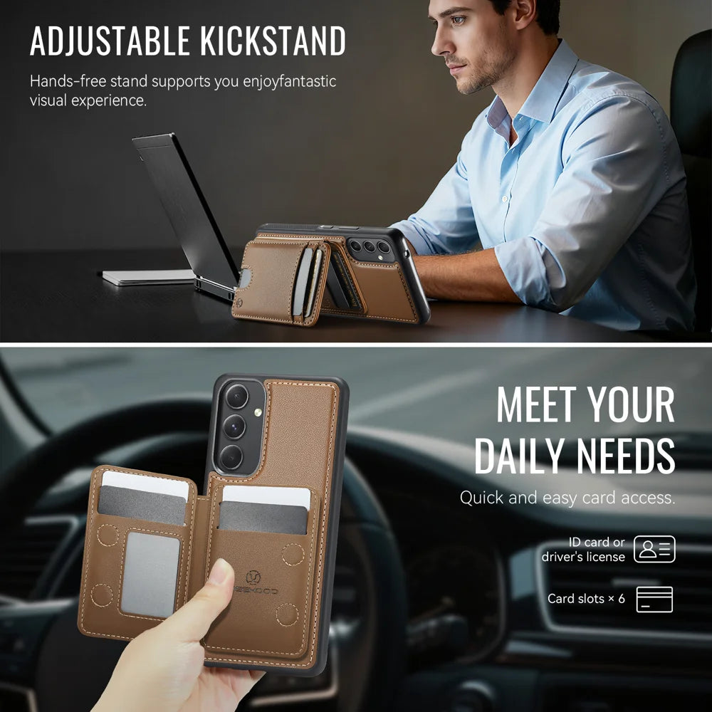 JEEHOOD For Samsung Galaxy A54 5G Magnetic Case  J10 Leather Back Phone Cover with Detachable Card Holder Kickstand - Brown - 5