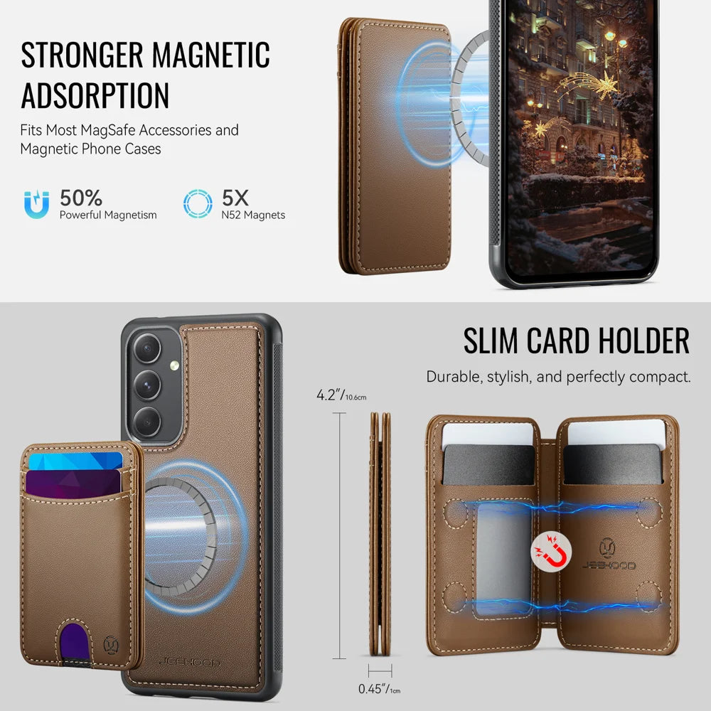 JEEHOOD For Samsung Galaxy A54 5G Magnetic Case  J10 Leather Back Phone Cover with Detachable Card Holder Kickstand - Brown - 6
