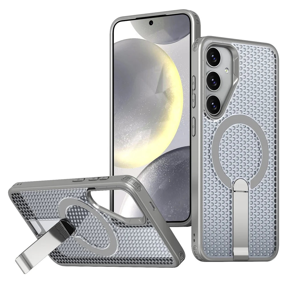 For Samsung Galaxy S26 Magnetic Case Kickstand Grid Texture TPU PC Phone Back Cover - Titanium Grey - 1