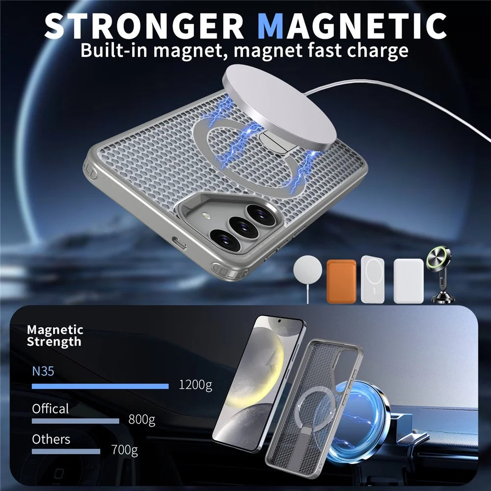 For Samsung Galaxy S26 Magnetic Case Kickstand Grid Texture TPU PC Phone Back Cover - Titanium Grey - 2