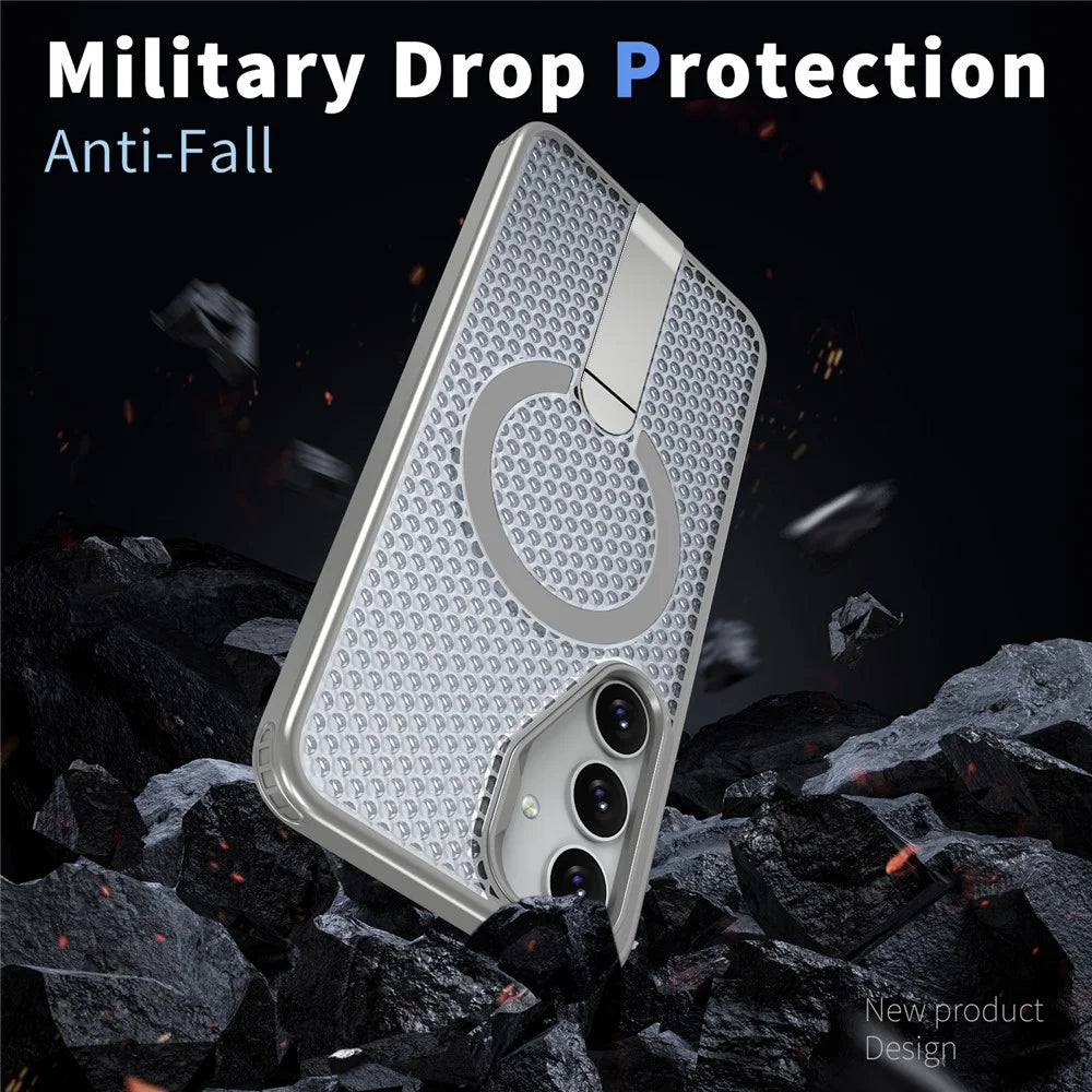 For Samsung Galaxy S26 Magnetic Case Kickstand Grid Texture TPU PC Phone Back Cover - Titanium Grey - 3