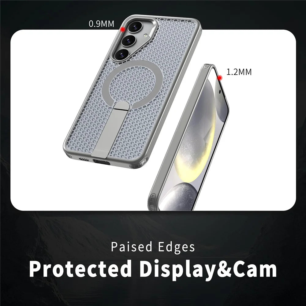 For Samsung Galaxy S26 Magnetic Case Kickstand Grid Texture TPU PC Phone Back Cover - Titanium Grey - 4