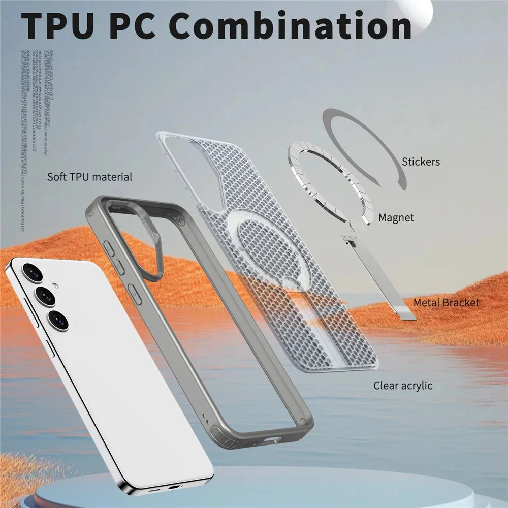 For Samsung Galaxy S26 Magnetic Case Kickstand Grid Texture TPU PC Phone Back Cover - Titanium Grey - 5