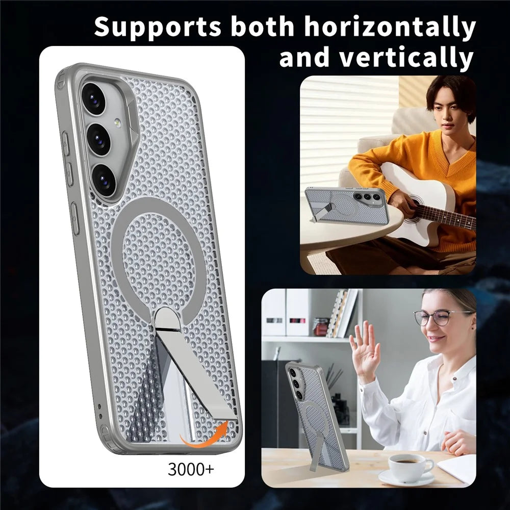 For Samsung Galaxy S26 Magnetic Case Kickstand Grid Texture TPU PC Phone Back Cover - Titanium Grey - 6