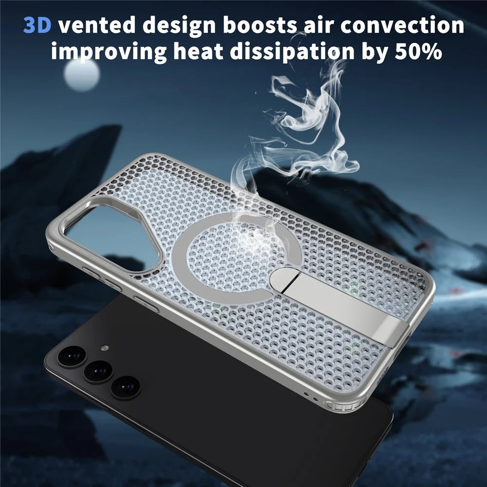 For Samsung Galaxy S26 Magnetic Case Kickstand Grid Texture TPU PC Phone Back Cover - Titanium Grey - 7