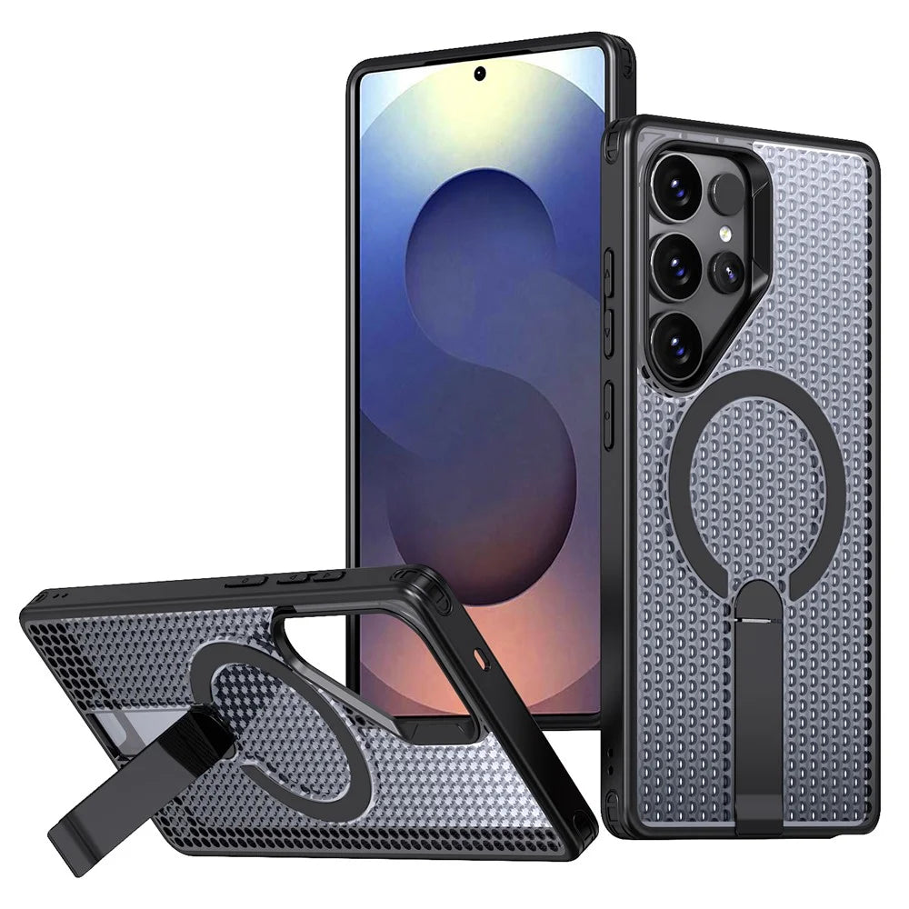 For Samsung Galaxy S26 Ultra Magnetic Case Kickstand Grid Texture TPU PC Phone Back Cover - Black - 1