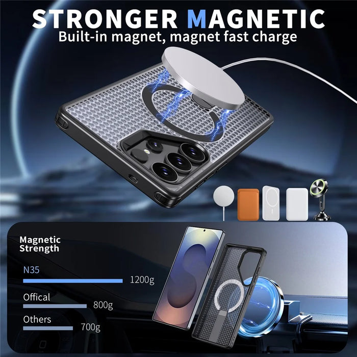 For Samsung Galaxy S26 Ultra Magnetic Case Kickstand Grid Texture TPU PC Phone Back Cover - Black - 2