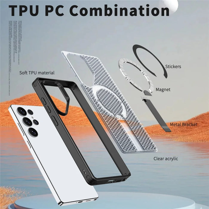 For Samsung Galaxy S26 Ultra Magnetic Case Kickstand Grid Texture TPU PC Phone Back Cover - Black - 5