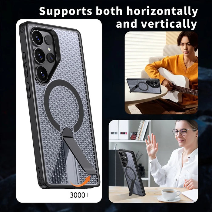 For Samsung Galaxy S26 Ultra Magnetic Case Kickstand Grid Texture TPU PC Phone Back Cover - Black - 6