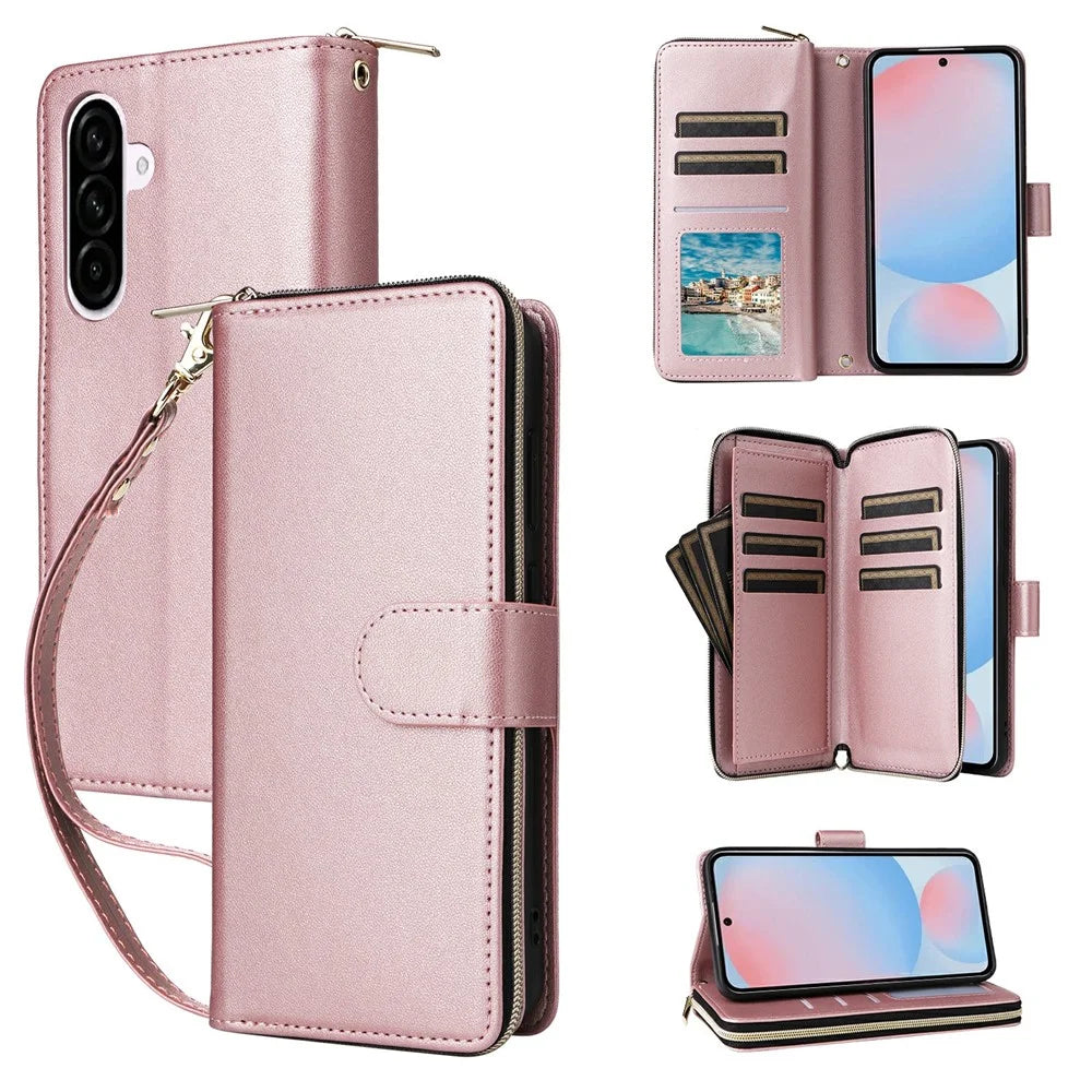 For Samsung Galaxy A57 5G Case 9 Card Slots Zipper Pocket PU Leather Phone Cover with Wrist Strap - Rose Gold - 1