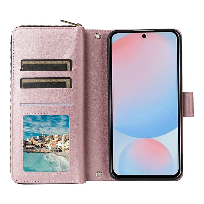 For Samsung Galaxy A57 5G Case 9 Card Slots Zipper Pocket PU Leather Phone Cover with Wrist Strap - Rose Gold - 2