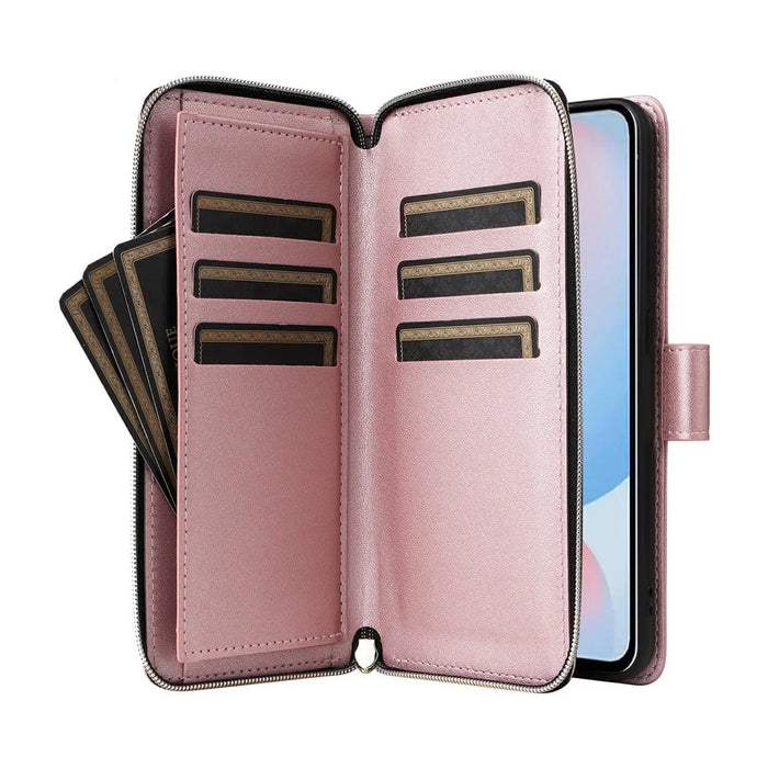 For Samsung Galaxy A57 5G Case 9 Card Slots Zipper Pocket PU Leather Phone Cover with Wrist Strap - Rose Gold - 3