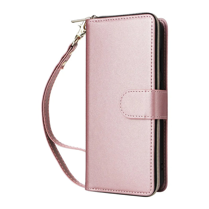 For Samsung Galaxy A57 5G Case 9 Card Slots Zipper Pocket PU Leather Phone Cover with Wrist Strap - Rose Gold - 5