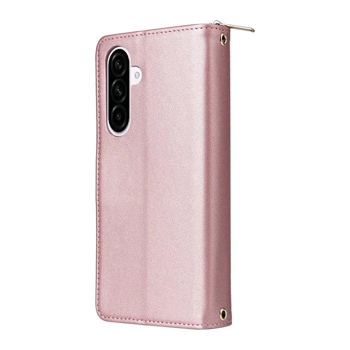 For Samsung Galaxy A57 5G Case 9 Card Slots Zipper Pocket PU Leather Phone Cover with Wrist Strap - Rose Gold - 6