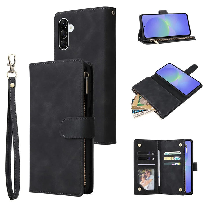 For Samsung Galaxy A57 5G Case Zipper Wallet Multiple Card Slots Leather Phone Cover with Wrist Strap - Black - 1