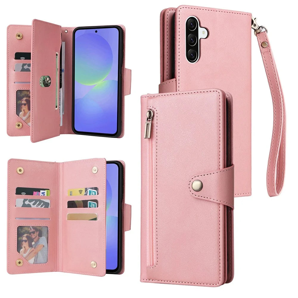 For Samsung Galaxy A57 5G Case Zipper Wallet Rivet Decor Leather Phone Cover with Wrist Strap - Rose Gold - 1
