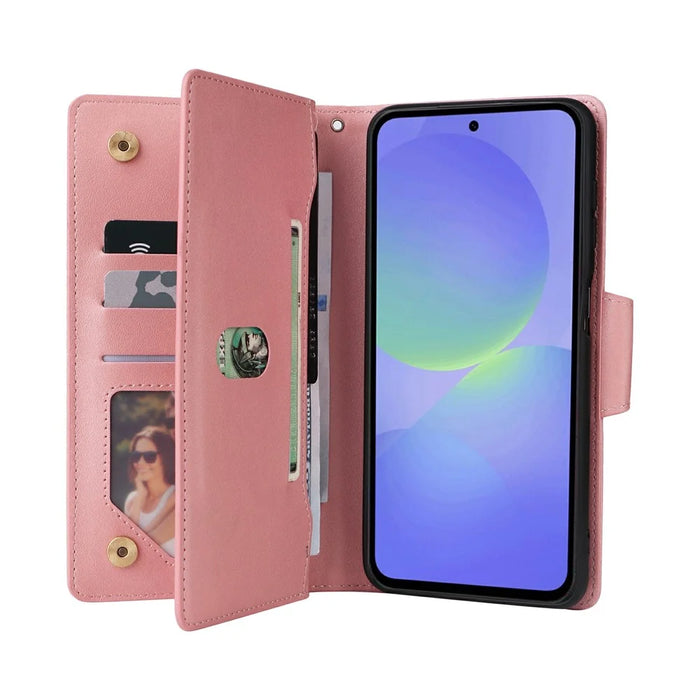For Samsung Galaxy A57 5G Case Zipper Wallet Rivet Decor Leather Phone Cover with Wrist Strap - Rose Gold - 3